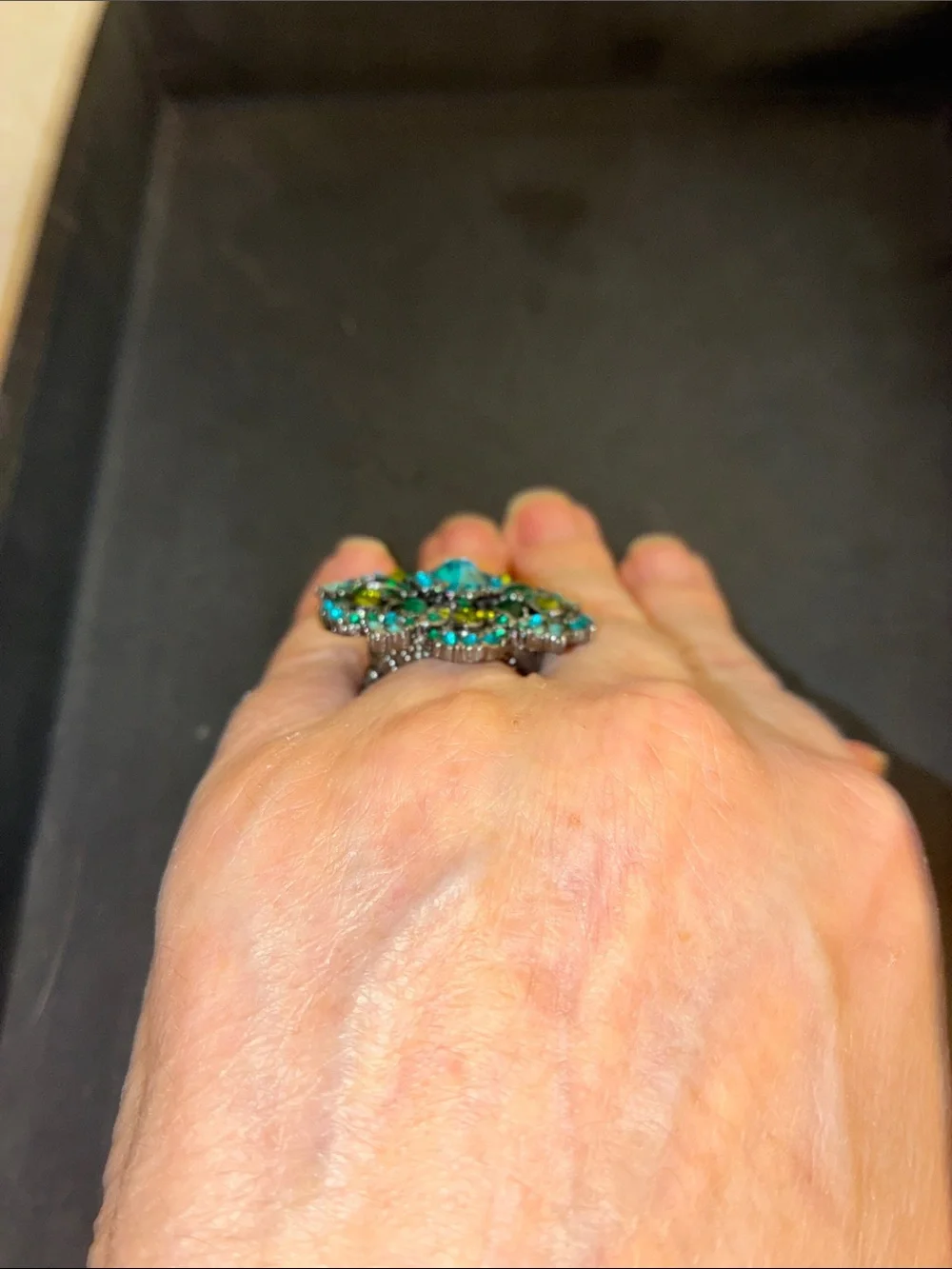 Floral Teal & Green Crystal Cocktail Stretch Ring